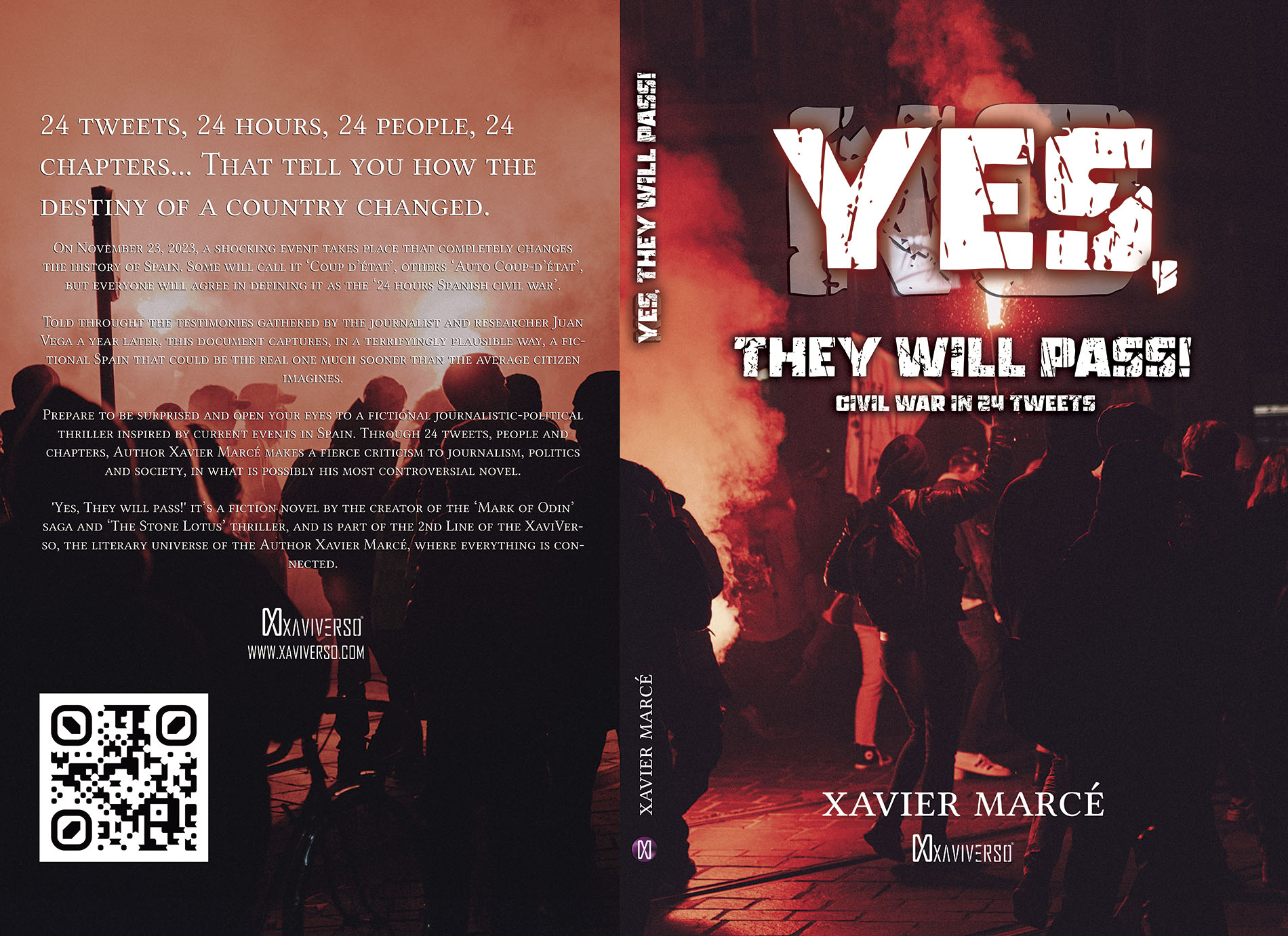 Paperback cover design for Yes, they will pass! Civil war in 24 tweets thriller book and novel by writer Xavier Marce.