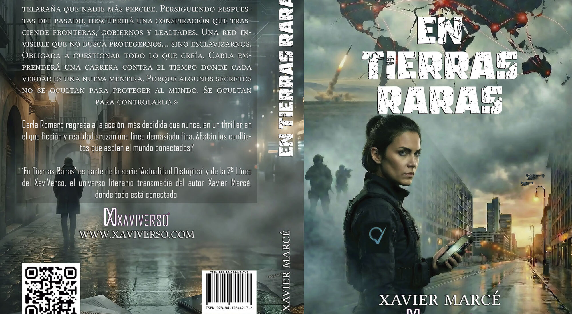 Diseño de cubierta del thriller 'En Tierras Raras', libro de la serie 'Actualidad Distópica' y la 2ª Linea del XaviVerso del escritor Xavier Marcé