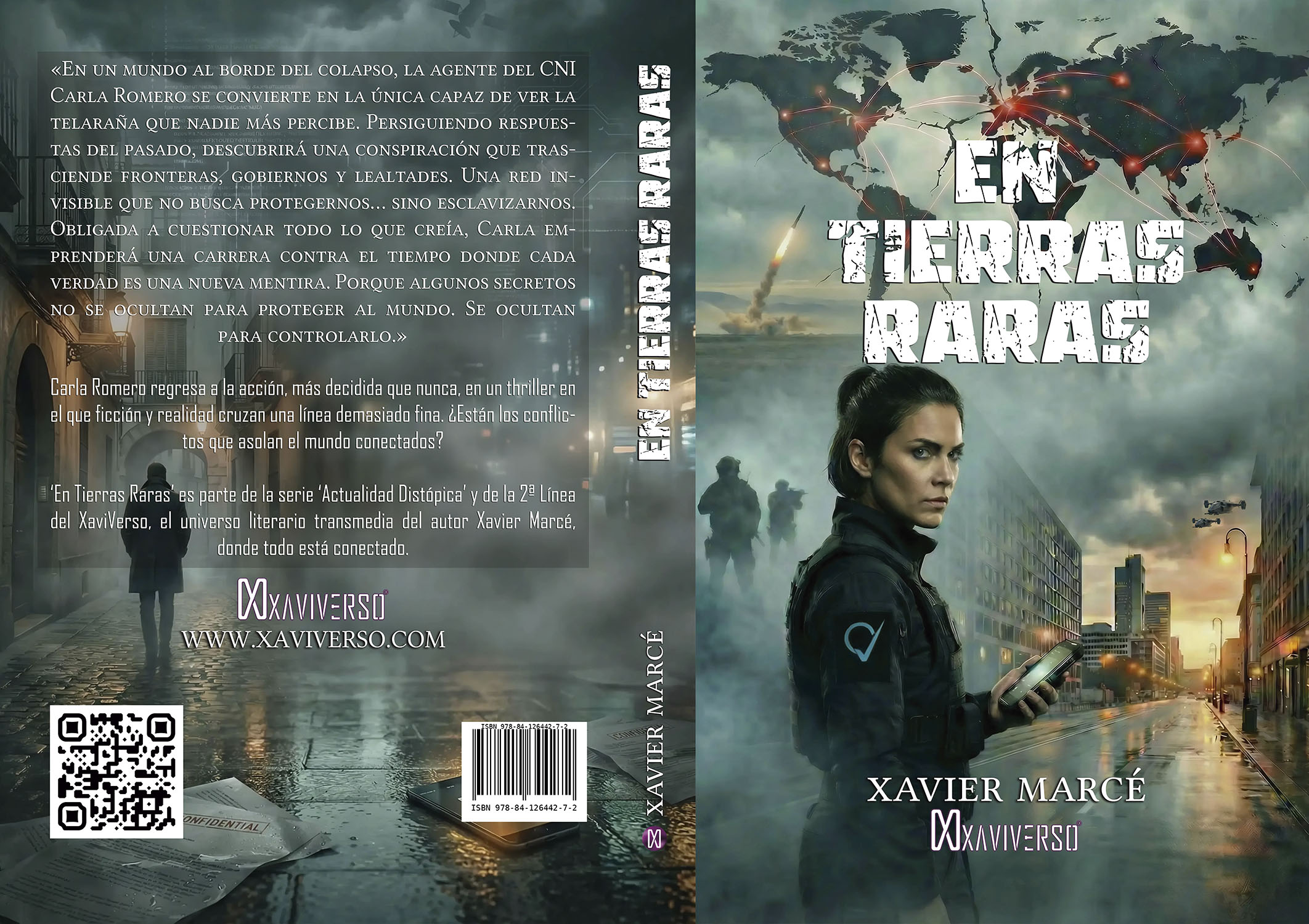 Diseño de cubierta del thriller 'En Tierras Raras', libro de la serie 'Actualidad Distópica' y la 2ª Linea del XaviVerso del escritor Xavier Marcé